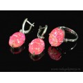 Кольцо и серьги с опалом искусственным, цвет ярко-розовый
