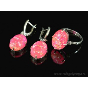 Кольцо и серьги с опалом искусственным, цвет ярко-розовый
