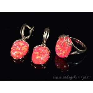 Кольцо и серьги с опалом искусственным, цвет ярко-розовый