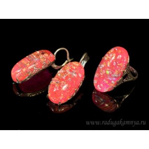 Кольцо и серьги с опалом искусственным, цвет ярко-розовый