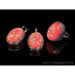 Кольцо и серьги с опалом искусственным, цвет ярко-розовый