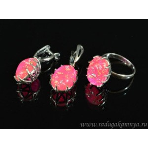 Кольцо и серьги с опалом искусственным, цвет ярко-розовый роза