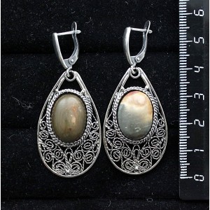 Серьги из яшмы пикассо, филигрань, ручная работа, камень овал 18х13мм, швензы посеребрение