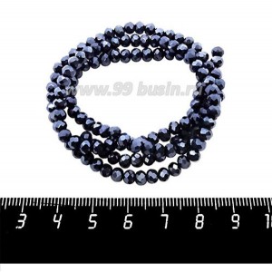 Бусина стеклянная на нити Мелкая грань 4*3,5 мм, цвет графит, около 150 штук/нить