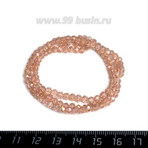 Бусина стеклянная на нити Мелкая грань 4*3,5 мм, цвет розовато-персиковый/радужный, около 40 см/нить, около 140 бусин