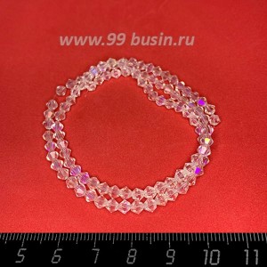 Бусина стеклянная хрустальная биконус 4 мм, бесцветный прозрачный радужный с сиреневым отливом, длина нити около 40 см