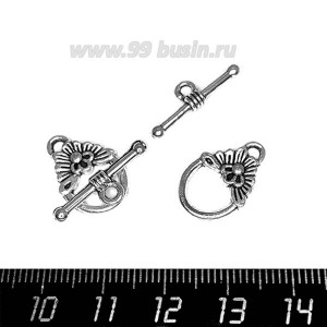 Застёжка - Тогл Замок с цветком, цвет старое серебро 18*12, 20*7 мм 3 набора/упак