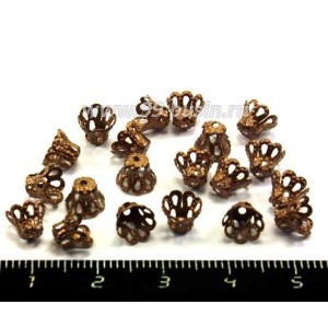 Шапочка- колпачок для бусин ажурная 4 лепестка 6*5 мм, цвет старая медь 40 штук/упаковка