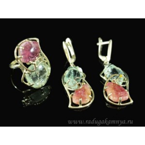 Кольцо и серьги из аквамарина и турмалина