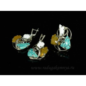 Кольцо и серьги из амазонита, кахолонга и яшмы, размер-18.
