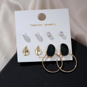 Серьги набор 4 пары "Летние истории" листья и круги, цвет чёрно-белый, цвет золотистый