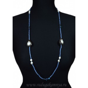 Бусы из циркона " Камелия " с жемчугом Барокко, цвет голубой2, 88см.