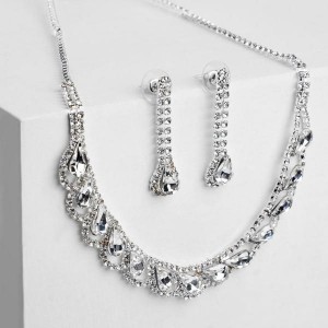 Комплект: серьги, колье "Листопад" капли, цвет белый, цвет серебристый