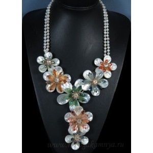 Колье из перламутра 7цветов с жемчугом шарик 5мм и цирконом ассорти, 55см