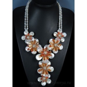 Колье из перламутра 7цветов с жемчугом шарик 5мм и цирконом оранжевым, 55см