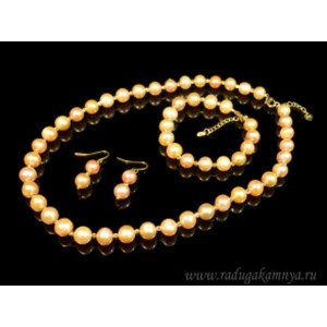 Комплект: бусы, браслет и серьги из жемчуга шарик 8-9мм кремовый, 43см, 16см, 2см