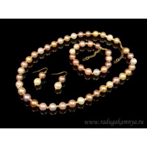 Комплект: бусы, браслет и серьги из жемчуга шарик 8-9мм цвет микс, 43см, 17см, 2см