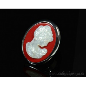Кольцо с перламутром "Камея" овал 27*34мм цвет  красный
