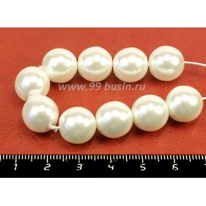 Бусина стеклянная жемчуг на нити 12 мм цвет белый Чехия 10 штук /упаковка