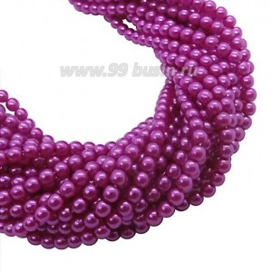 Бусина стеклянная жемчуг на нити 4 мм цвет фуксия Чехия 60 штук