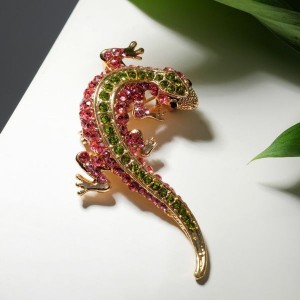 Брошь "Ящерица" тропическая, цвет розово-зелёный, цвет золотистый
