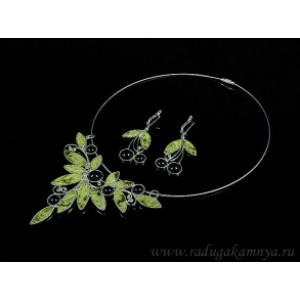 Колье и серьги змеевик, агат "Вишенки",  46см