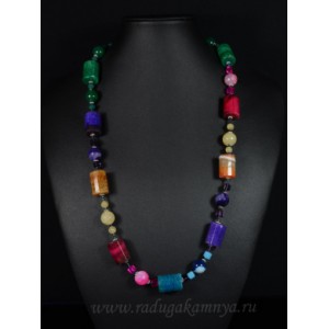 Колье из агата пати тонированного цилиндр с гранями 14*20мм шарик 10мм ассорти, 65см