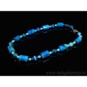 Колье из агата пати тонированного цилиндр с гранями 14*20мм шарик 10мм голубой, 55см