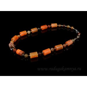 Колье из агата пати тонированного цилиндр с гранями 14*20мм шарик 10мм рыжий, 55см
