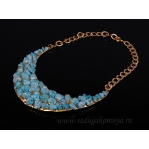 Колье из агата (тонир.)кристаллы в золотистом металле цвет голубой, 46см