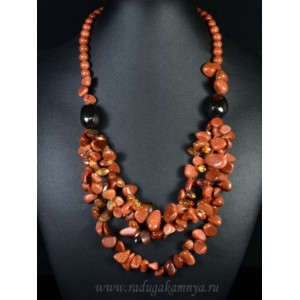 Колье 3 нити из авантюрин с цирконом, 53см