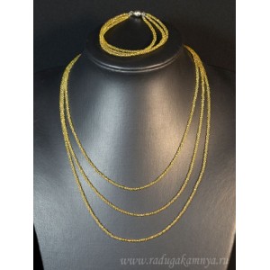 Колье с браслетом из шпинели цвет цитрин, 3 нити, шарик гр.2мм, 44,5см, 18см, 17гр.