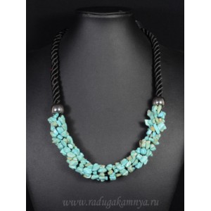 Колье крошка на плетеной нити с бирюзой (имитация), 50см.