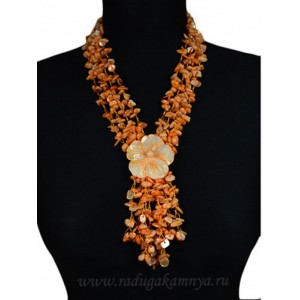 Колье из перламутра "цветок", 4 нити, цвет оранжевый, 55см
