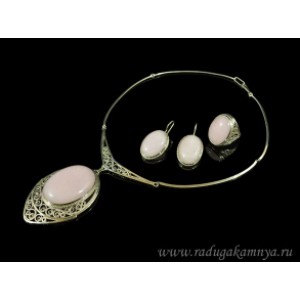 Колье, Кольцо и серьги розовый кварц, 48см р-р 20.5