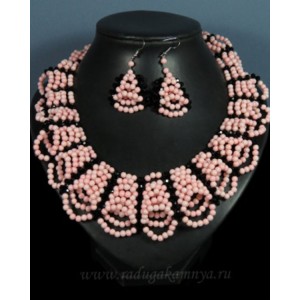 Колье Серьги "кружево" из коралла розового2 шарик4мм с цирконом, 50см