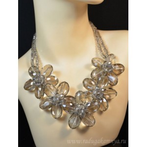 Колье с цирконами 2 нити 5 цветков 55мм цвет раухтопаз, 50см