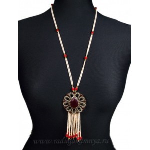 Колье из бисера с турецким мельхиором и рубином модель13, 76см