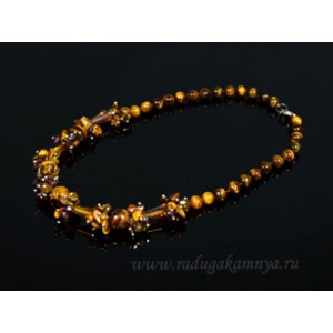 Колье из тигрового глаза шарики 8ммкрошка с цирконом, 47см