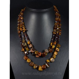 Колье 3 нити галтовка тигрового глаза с цирконом, 48см