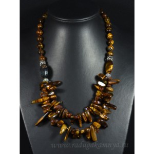 Колье 2 нити с тигровым глазом "Рожки" с цирконом шарик 10мм, 58см