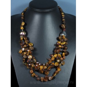 Колье 3 нити из тигрового глаза с цирконом, 53см