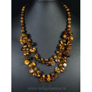 Колье 2 нити шарик 8мм из тигрового глаза с цирконом, 49см