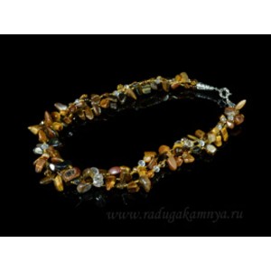 Колье 3 нити галтовка из тигрового глаза с цирконами, 50см