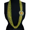 Колье 18 нитей с цирконами цвет  желто-зеленый, 100см.