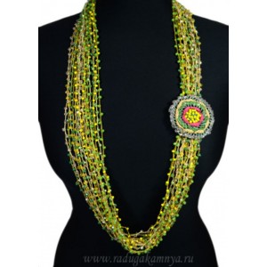 Колье 18 нитей с цирконами цвет  желто-зеленый, 100см.