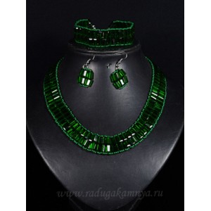 Колье браслет серьги из циркона с бисером цвет зеленый, 46см