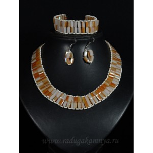 Колье браслет серьги из циркона с бисером цвет сепия, 46см