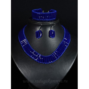 Колье браслет серьги из циркона с бисером цвет синий, 46см
