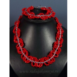 Колье и браслет из циркона с цепью красный, 46см, 22см